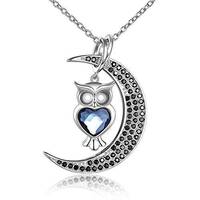 Moon with Owl Necklace with Blue Heart Crystal in Sterling Silver