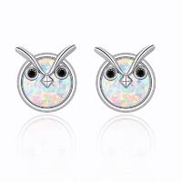 925 Sterling Silver Owl Opal Small Cute Hypoallergenic Animal Stud Earrings