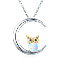 Opal Owl Crescent Moon Pendant Necklace in Sterling Silver