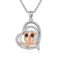 Owl Necklace with Black Onyx in White Gold And Rose Gold Plated Sterling Silver