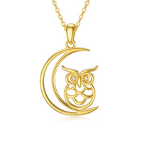 9K Solid Yellow Gold Owl and Moon Pendant Necklace