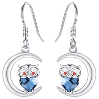 Owl Earrings 925 Sterling Silver Dangle Earrings with Blue Crystal Owl Jewelry Hanging Drop Earrings