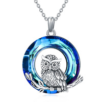 Owl Necklace Sterling Silver Owl Crystal Circle Pendant Necklace Jewelry Gift for Women Girls