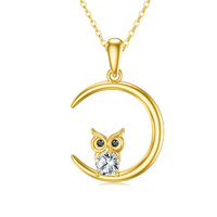 Solid 14k Yellow Gold Owl and Moon Necklace with Cubic Zirconia Animal Pendant Necklace for Women Je