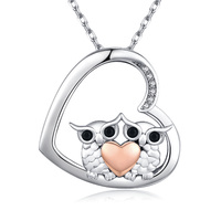 S925 Sterling Silver Owl Heart Pendant Necklace Animal Jewelry