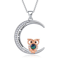 Sterling Silver Crescent Moon Pendant Necklace Abalone Shell Owl Jewelry