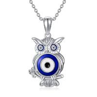 Evil Eye Owl Pendant Necklace in White Gold Plated Sterling Silver