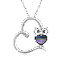 925 Sterling Silver Abalone shell Owl  Animal Good Luck Necklace Heart Pendant