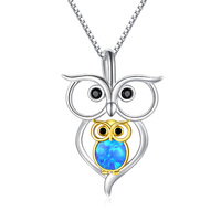 925 Sterling Silver Owl with Synthetic Blue Opal Two Owl Birds Animal Pendant Necklace