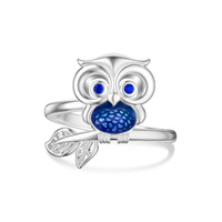 Sterling Silver Owl Animal Ring With Blue Zircon Jewelry