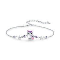 Cute Owl Bracelet 925 Sterling Silver Adjustable Purple Owl Jewelry Gift for Women Girl Teens