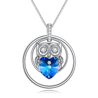 Blue Heart Crystal Owl Necklace in 925 Sterling Silver
