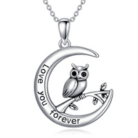 Sterling Silver Cute Animal Pendant Necklace Owl on Moon Necklace Jewelry Gifts for Women Mom Sister