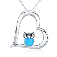 925 Sterling Silver Opal Blue Owl Heart Necklace Jewelry
