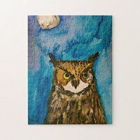 Owl Cute Bird Animal Moon Watercolor Forest Jigsaw Puzzle