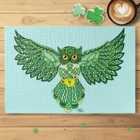 Celtic Green Knotwork Owl Flight Spread Wings Jigsaw Puzzle