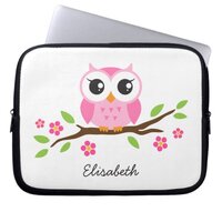 Cute pink owl on floral branch personalized name laptop sleeve