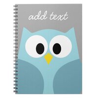 Cute Cartoon Owl - Blue and Gray Custom Name Notebook