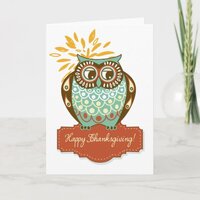 Colorful Blue Owl Floral Happy Thanksgiving Holiday Card