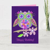 Cool Flower Power Owl Birthday card