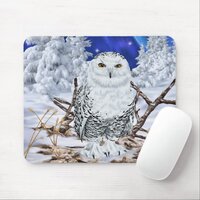 Snowy Owl Perched in Winter Wonderland With Snow Mouse Pad