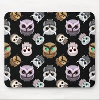 Cute Owl Illustrations over Black Background Mouse Pad