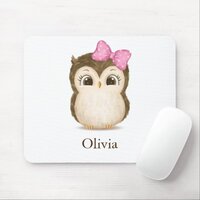 Cute Owl Pink Bow Girly Watercolor Name Mouse Pad