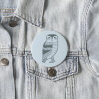 Wise Owl line drawing blue grey Button
