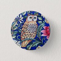 William Morris Owl Tapestry, Beige and Cobalt Blue Pinback Button