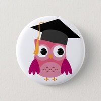Pink Owl with Graduation Cap Button