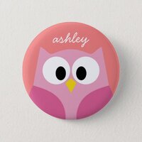 Cute Cartoon Owl in Pink and Coral Button