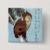 Hiroshige - Horned Owl, Pine, and Crescent Moon Button