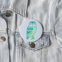 Wise Owl line drawing blue green Button