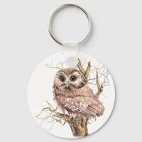 Watercolor Cute Saw Whet Owl, Bird Keychain