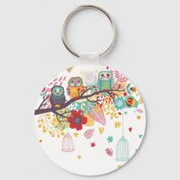 Cute Owls and colourful floral image background Keychain