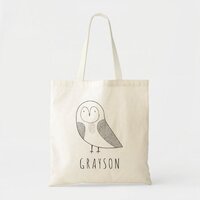 Cute Personalized Owl Kids Black White Tote Bag