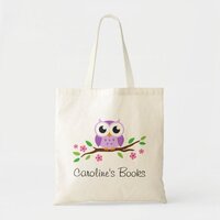 Cute purple owl on branch personalized library tote bag