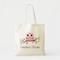 Cute pink owl on branch personalized library book tote bag