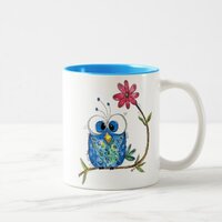 Cute Whimsical Blue Owl Two-Tone Coffee Mug