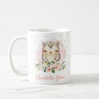 Cute Girly Owl Watercolor Blush Gold Floral Coffee Mug