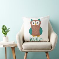 Wise Brown Blue Owl Bird Bedroom Personalized Throw Pillow
