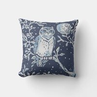 Elegant Blue White Forest Owl Moon Woodland Art Throw Pillow