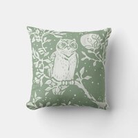 Sage Green Owl Woodland Moon Nature Throw Pillow