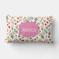 Cute Forest Owl Flowers Girls Personalized Name Lumbar Pillow