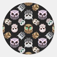 Cute Owl Illustrations over Black Background Classic Round Sticker