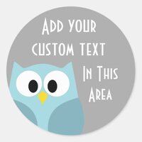 Cute Cartoon Owl - Blue and Gray Custom Name Classic Round Sticker