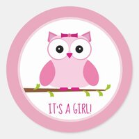 Pink Baby Girl Owl Cartoon Gender Reveal Classic Round Sticker