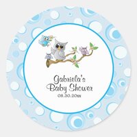 Blue Baby Owl Baby Shower Theme Classic Round Sticker