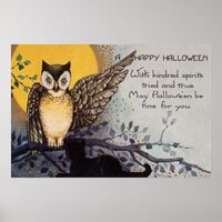 Owl Black Cat Full Moon Tree Night Poster