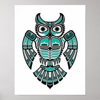 Teal Blue and Black Haida Spirit Owl Poster